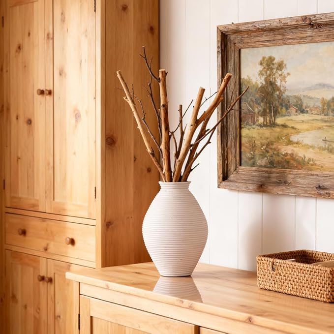 White Rustic Vase – 8.6" Farmhouse Vase for Table Centerpiece, Resin Vintage Vases for Pampas Grass, Farmhouse Decor for Dining Table, Entryway, Mantel or Living Room Shelf