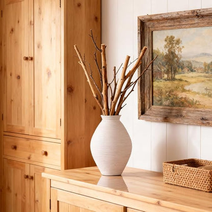 White Rustic Vase – 8.6" Farmhouse Vase for Table Centerpiece, Resin Vintage Vases for Pampas Grass, Farmhouse Decor for Dining Table, Entryway, Mantel or Living Room Shelf
