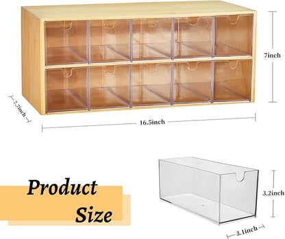 TIMIEEYA Tea Bag Organizer - Bamboo Tea Storage Organizer With Drawer 2 Layer, Tea Organizer for Tea Bags Natural Wood & Acrylic for Countertop Office Kitchen Cabinet Pantry