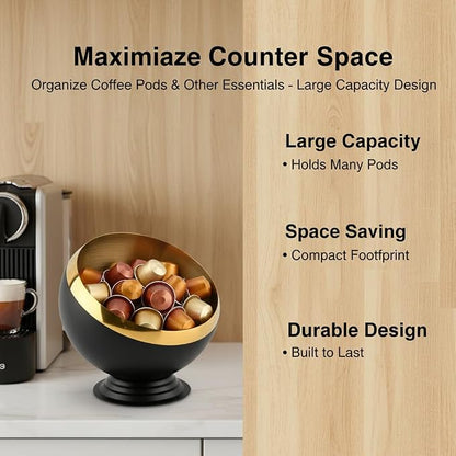 Coffee Pod Holder, Large Capacity Stainless Steel K Cups Holder Organizer Bowl Coffee Capsule Creamer Container Basket, Espresso Pods Storage for Bar Station, Counter (Black Gold)