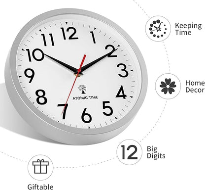 DAXSMY Atomic Wall Clock Analog 14 Inch Battery Operated Modern Decorative for Living Room Kitchen Office Bedroom Bathroom(Silver)