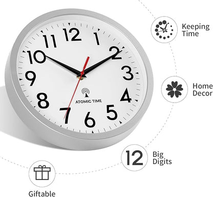 DAXSMY Atomic Wall Clock Analog 10 Inch Battery Operated Modern Decorative for Living Room Kitchen Office Bedroom Bathroom(Silver)