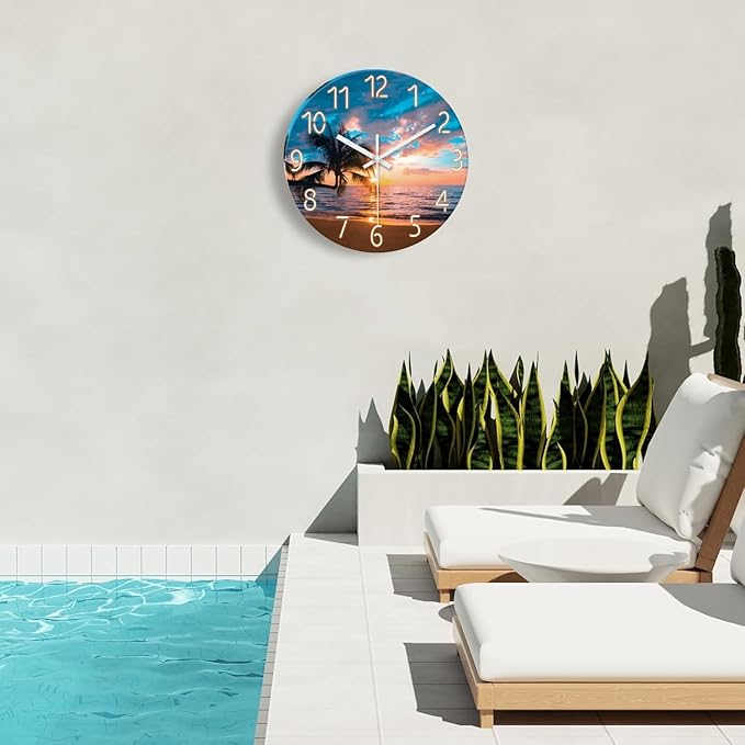 XFM Blue Nautical Beach Wall Clocks Battery Operated Palm Tree Wall Clocks for Living Room 12 Inch Round Glass Silent Wall Clock Non Ticking Sunset Clock