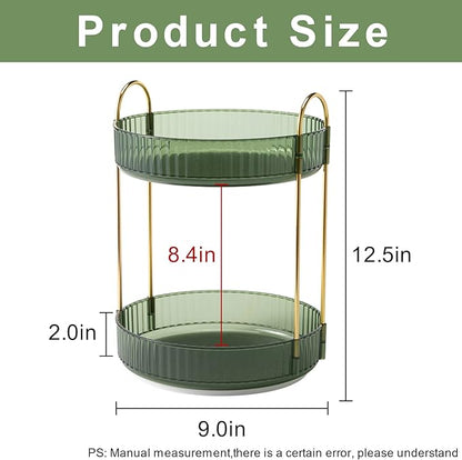 INVSSENE 360° Rotating Makeup Organizer, Bathroom Make Up Spinning Holder Rack, Large Capacity Cosmetics Storage Vanity Shelf Countertop, Fits Cosmetics, Perfume, Skincare, Lipsticks(2 Tiers, Green)