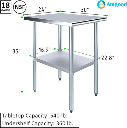 AmGood 30 in. x 24 in. Stainless Steel Work Table | Metal Kitchen Food Prep Table | NSF