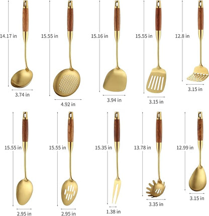 Stainless Steel Kitchen Utensils Set with Wood Handle 18/10 Metal Cooking Utensils Set, 10 Piece - Spatula, Spoon, Ladle, Skimmer, Slotted Turners, Pasta,Turner, Ladl, Fork