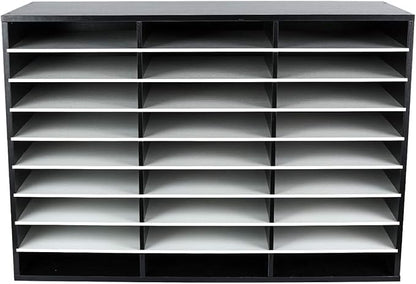EasyPAG Wooden Literature Organizer with Adjustable Shelves, 27 Compartments Office Paper Organizer Storage 13500 Sheets Letter Size Paper, Student Mailbox for Classroom, Black/White