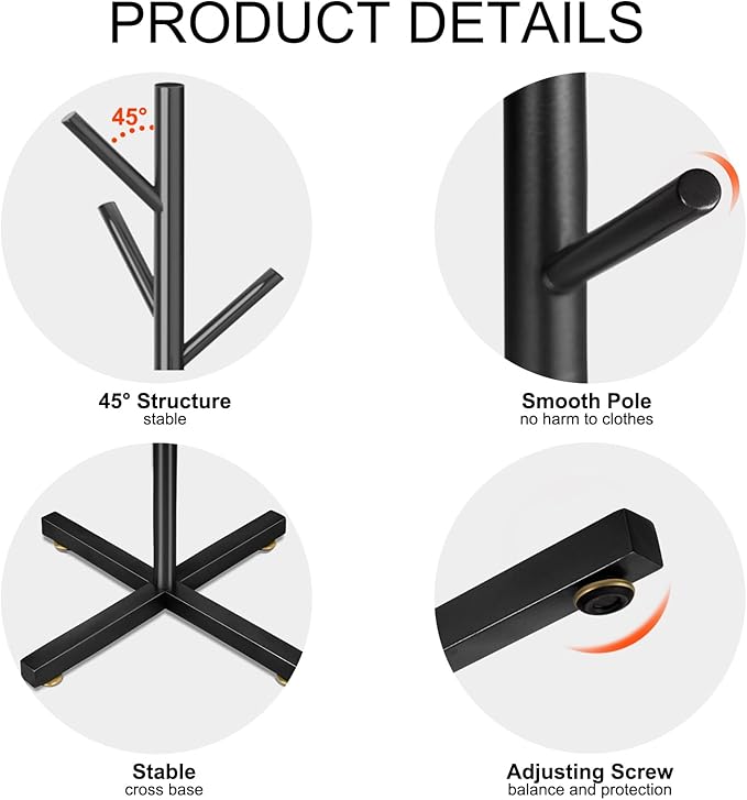 Metal Coat Rack, Modern Coat Rack Freestanding, Sturdy Coat Tree Stand with Cross Base, Black Coat Racks Hall Tree for Clothes Jacket Hat Bag Entryway