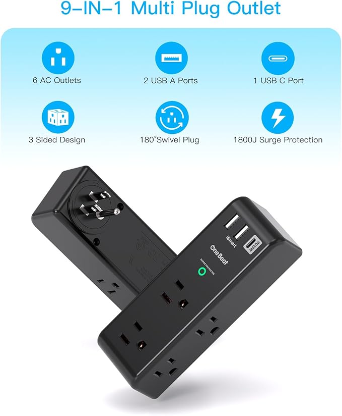 Surge Protector Outlet Extender, Rotating Plug, PD 20W, 6 AC Multi Plug Outlet with 3 USB Ports (2 USB C), 1800 Joules 3-Sided Swivel Power Strip with Spaced Outlet Splitter for Home Office Dorm - BK