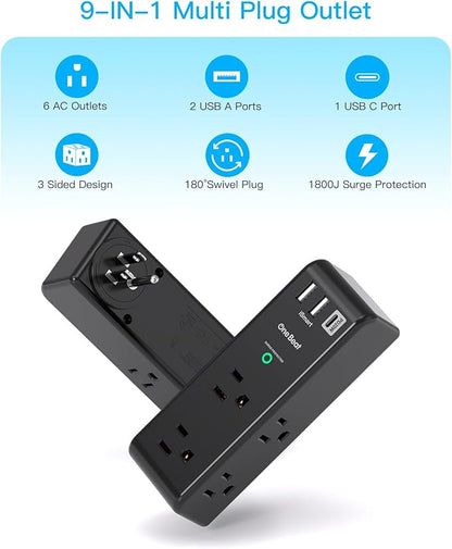 Surge Protector Outlet Extender, Rotating Plug, PD 20W, 6 AC Multi Plug Outlet with 3 USB Ports (2 USB C), 1800 Joules 3-Sided Swivel Power Strip with Spaced Outlet Splitter for Home Office Dorm - BK