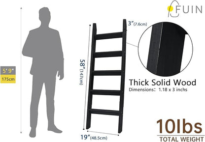 FUIN 5ft (58") Wood Blanket Ladder Living Room Decorative Wall Leaning Farmhouse Quilt Display Holder Storage Rustic Wooden Towel Rack for Bathroom, Black
