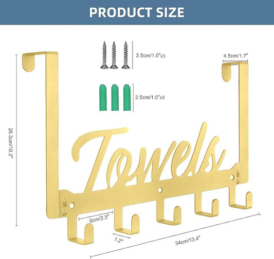 Azmoncy Over The Door Hooks - Heavy Duty Towel Rack with 5 Coat Hooks for Bedroom Kitchen, Gold Bathroom Decor