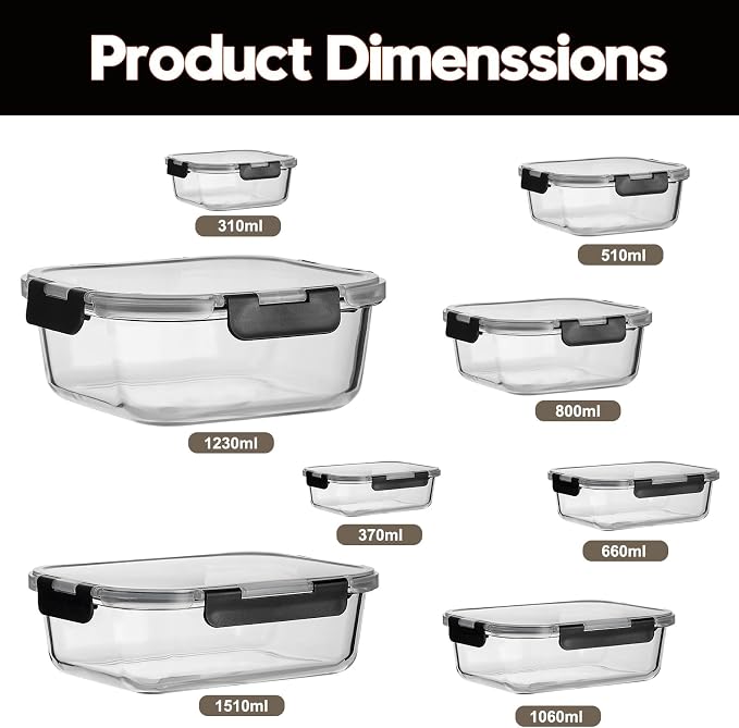 Wells Glass Meal Prep Containers, 8 Pack Glass Food Storage Containers Set with Airtight Locking Lids for Lunch, Fridge, Freezer, Dishwasher Safe, BPA-Free, Clear