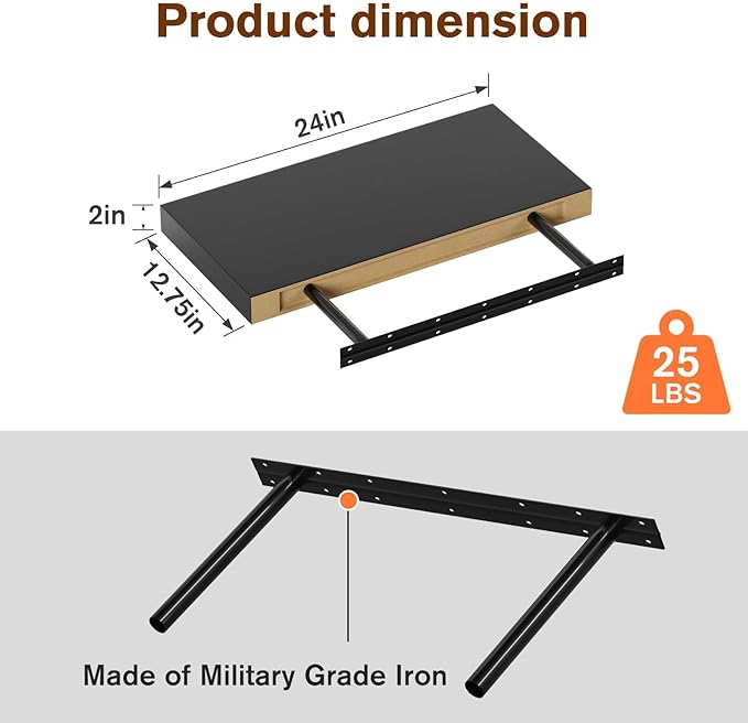 JPND Floating Shelf, Set of 2 Wall Shelf, 24 in W x 12.75 in D x 2 in H Wooden Floating Wall Shelf with Invisible Brackets for Living Room/Bedroom/Bathroom/Kitchen Storage and Decor, Black