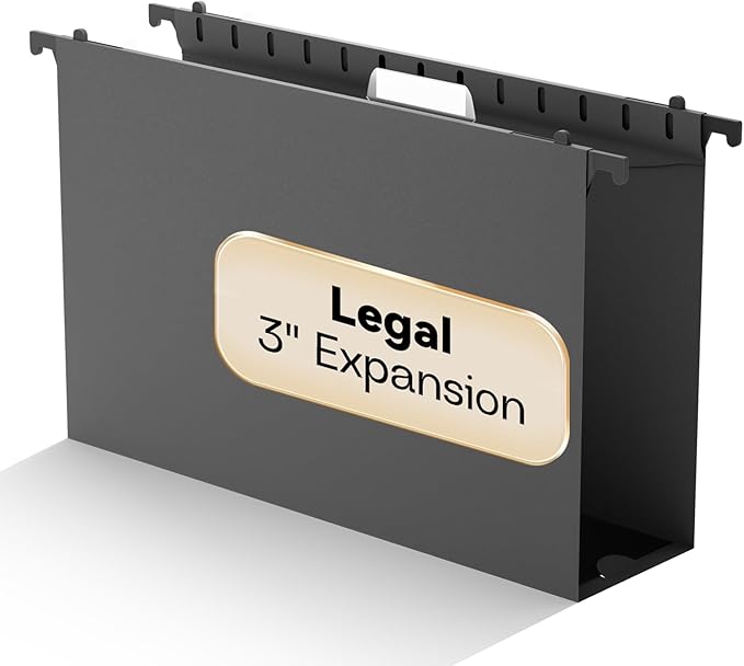 NORDUN Plastic Legal Size Hanging File Folders,Heavy Duty 3" Expansion Extra Capacity Hanging Folder,Reinforced Black Hang Folders Legal,Adjustable Tabs,Filing Cabinet Folder for Bulky Files,12 Pack