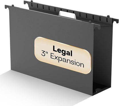 NORDUN Plastic Legal Size Hanging File Folders,Heavy Duty 3" Expansion Extra Capacity Hanging Folder,Reinforced Black Hang Folders Legal,Adjustable Tabs,Filing Cabinet Folder for Bulky Files,12 Pack