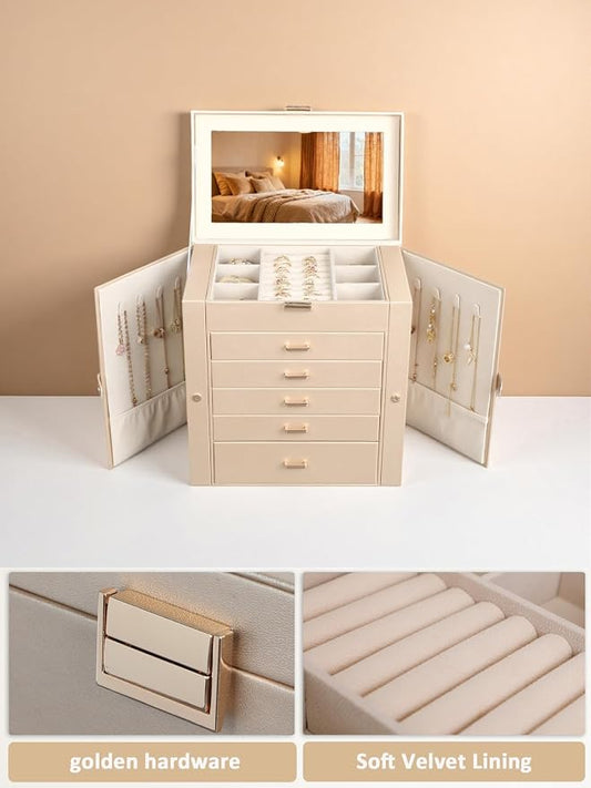 BOOVO Jewelry Box For women, 6 Layer Large Jewelry Organizer With Mirror, Multi-Function Storage Box With Lock, Necklace Holder With 5 Drawers, For Earrings Necklace Bracelet (Champagne Gold)