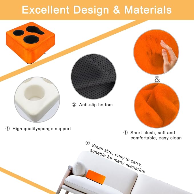 3 Hole Couch Bed Cup Holder Pillow, Keep Drinks Hand Side and KeepTemp, Prevent Spills, Use Anywhere - for Bed, Camping, RV, Car, Beach. Orange
