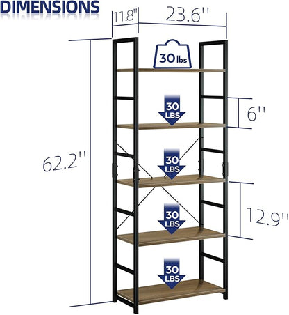 NUMENN 5 Tier Bookshelf, Tall Bookcase Shelf Storage Organizer, Modern Book Shelf for Bedroom, Living Room and Home Office, Dark Walnut