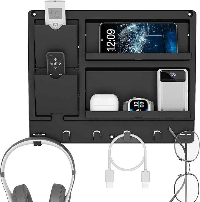 Lifewit Plastic Bedside Shelf, Adhesive Floating Shelves, Key Remote Control Holder, Wall Organizer for Glasses, Phone, Earbuds, Bedroom Decor, Dorm Room Essentials, Black