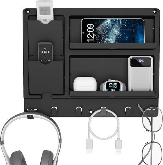 Lifewit Plastic Bedside Shelf, Adhesive Floating Shelves, Key Remote Control Holder, Wall Organizer for Glasses, Phone, Earbuds, Bedroom Decor, Dorm Room Essentials, Black