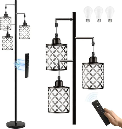 New Upgraded 72" Tall Dimmable Floor Lamp with 3 x 1100LM 12W Bright LED Bulbs, Farmhouse Standing Lamp with Remote Control, Industrial Tree Pole Floor Lamps for Living Room, Bedroom, Office - Black