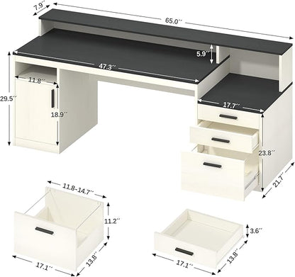 65 Inch Computer Desk with 3 Drawers & Storage Shelves, Executive Desk with File Drawer & Cabinet, Home Office Desk with Long Monitor Stand & Printer Shelf, Black & White