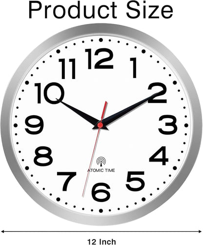 Roymnie Atomic Wall Clock 12 Inch, Modern Clock Battery Operated Classic Analog Decorative for Kitchen, Living Room, Office, Bedroom, Bathroom (Silver)
