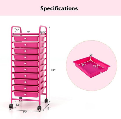 OFFICEJOY Storage Cart, Rolling Utility Cart with 10 Drawers, Portable Handles & Lockable Wheels, Mobile Paper Toys Storage Organizer Large Capacity for Home Office School Teacher (Hot Pink)