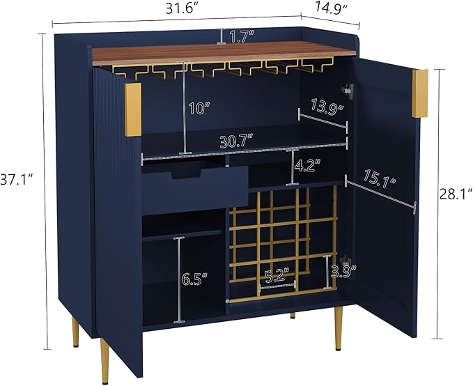 ARTPOWER Sideboard Buffet Cabinet with Fluted Texture, Modern Coffee Bar Cabinet with Wine Rack&Drawers, Blue Liquor Cabinet for Kitchen Dining Room, Living Room