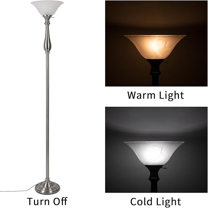 HonoDing Torchiere Floor Lamp for Living Room, Standing Lamp with White Alabaster Glass Shade, Iron Brushed Nickel Floor Lamps, Corner Lamps for Bedroom, Office, Reading