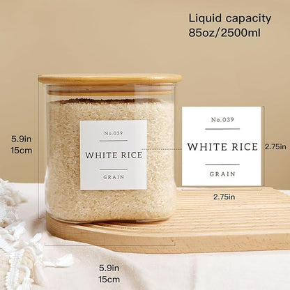 HHMJSM Large Glass Flour and Sugar Containers with 42 Kitchen Pantry Labels - 85 Oz Glass Food Storage Containers with Airtight Lids - Square Glass Jars with Bamboo Lids for Rice, Pasta, Cookies