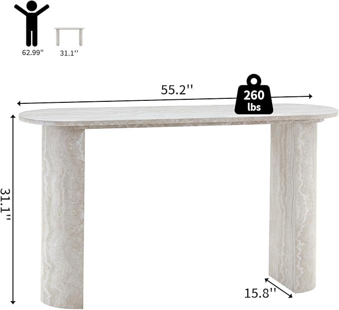 55" Console Table for Entryway, Narrow Sofa Entrance Table with Faux Mars Marble Pattern, Modern Sofa Tables with Rounded Curved Edges for Living Room, Hallway, Foyer, Home Office, Beige