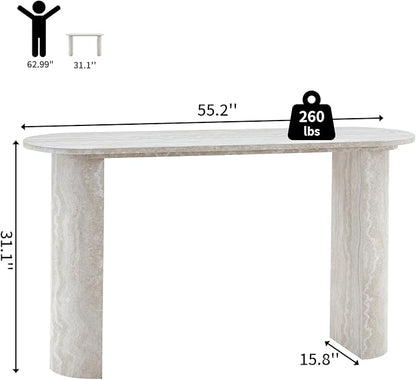 55" Console Table for Entryway, Narrow Sofa Entrance Table with Faux Mars Marble Pattern, Modern Sofa Tables with Rounded Curved Edges for Living Room, Hallway, Foyer, Home Office, Beige