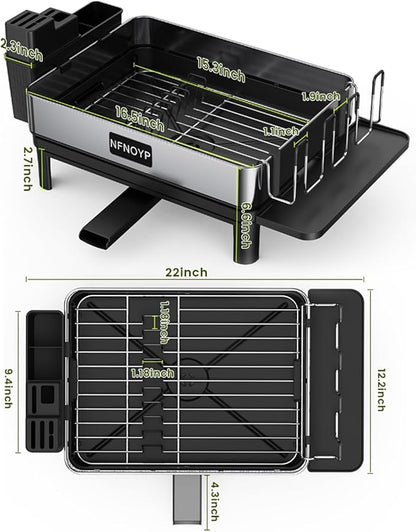 Dish Drying Rack, 304 Stainless Steel Dish Rack and Drainboard Set, Rustproof Dish Drainer with Anti-Pooling Automatic Drainage, Large Capacity Kitchen Counter Organizer, Black