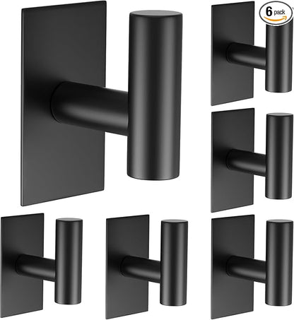 VAEHOLD Wall Towel Hooks, Heavy Duty Sticky Holder Waterproof Towel Hooks for Hanging Coat, Clothes, Closet Hook Wall Mount for Kitchen (Black, 6 Pack)