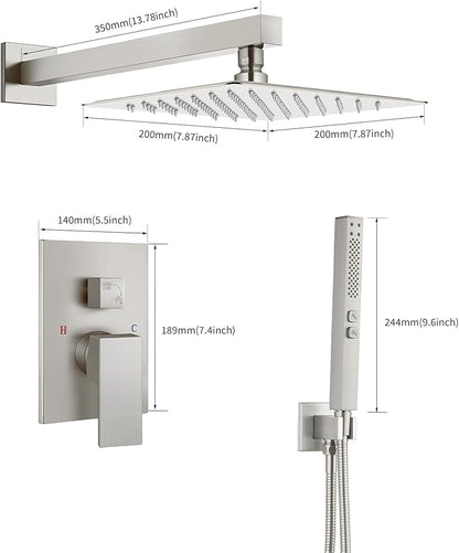 Shower Faucet Set Rainfall Shower System with Square Showerhead and Handle Set Fixture with 2 in 1 Function Handheld Sprayer Wall Mounted Trim Repair Kit Rough-in Valve 8 Inch Brushed Nickel