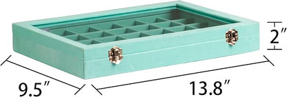 Frebeauty Velvet Jewelry Tray,35 Grid Jewelry Organizer with Clear Lid,Earring Holder Organizer Case with Clasp,Drawer Insert for Rings Studs,13.8 x 9.5 x 2 Inches,Gift for Women Girls(Turquoise)