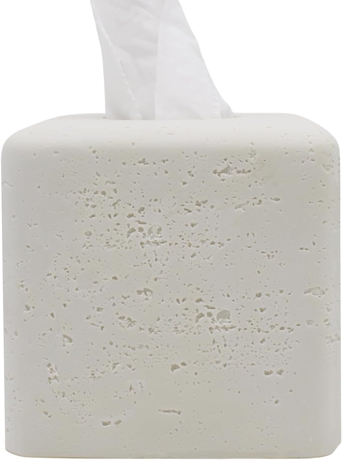 Travertine Tissue Box Cover Square Decorative Stone Klenex Box Holder for Bathroom & Living Room with Handcrafted Texture (Light White)