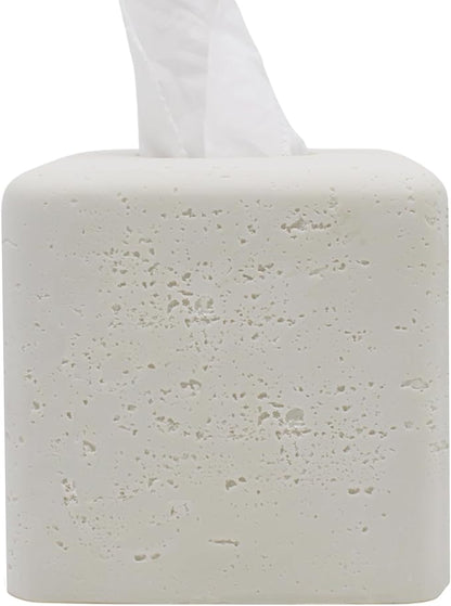 Travertine Tissue Box Cover Square Decorative Stone Klenex Box Holder for Bathroom & Living Room with Handcrafted Texture (Light White)