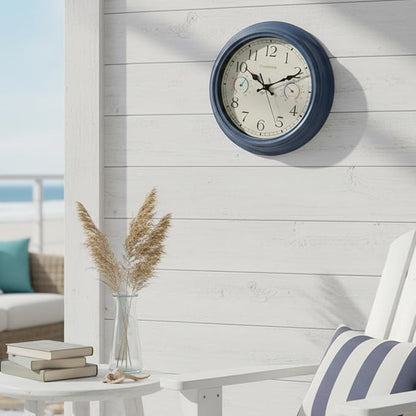 Outdoor Clock with Thermometer & Hygrometer Combo - Waterproof Vintage Coastal Decor Wall Clock for Patio, Pool, Garden, Backyard, Bathroom - 12 Inch, Blue