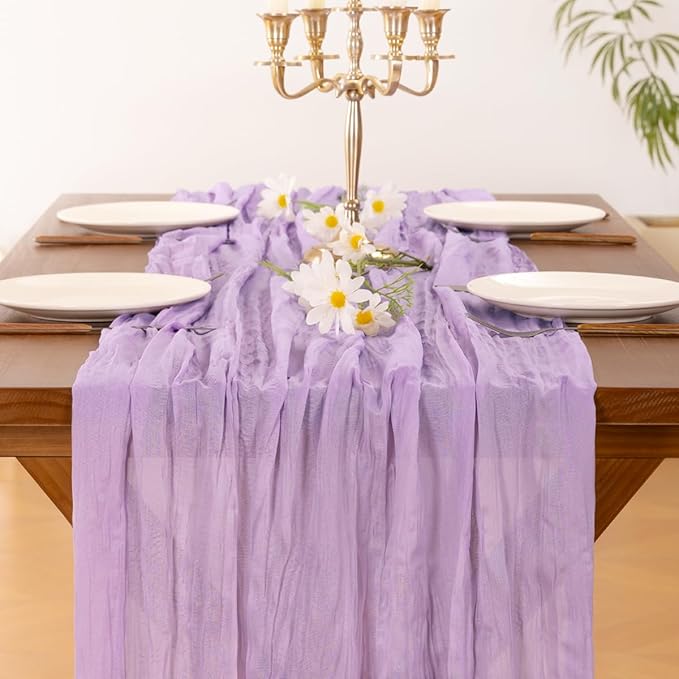 Socomi 3pcs Lilac Purple Lavender Cheesecloth Table Runner Valentine's Day Boho Rustic Gauze 120 inch 10FT Cheese Cloth Runner for Wedding Party Baby Shower Birthday Home Decor Holiday Decorations