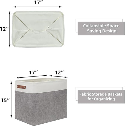 HNZIGE Large Storage Baskets Rectangular Storage Bins Baskets for Organizing [2 Pack] Tall Shelf Baskets with Handles, Decorative Organizer for Storage Home, Closet (White Grey)