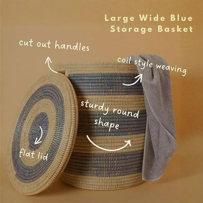 Large Woven Storage Basket with Lid, Laundry Hamper, 20 x 18 Inch Round Decorative Container for Toys, Blankets, Towels, Cut Out Handles (Blue)
