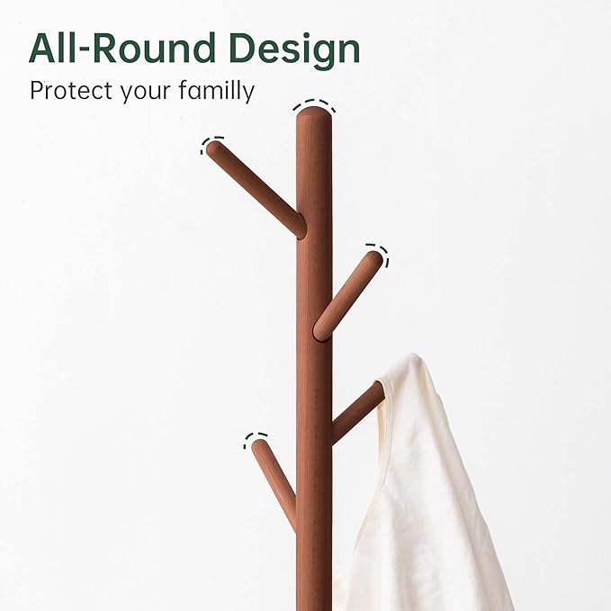 Solid Wood Coat Rack, Freestanding Coat Rack for Entryway, Hallway, Home Office, Living Room, Bedroom, 15" x 15" x 67.3", Beech Wood, Walnut