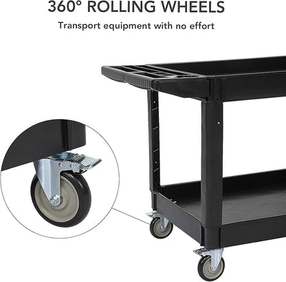 Service Cart 2-Shelf, Storage Handle, 500 LBS Capacity, for Warehouse/Garage/Cleaning/Manufacturing，45 in X25 in