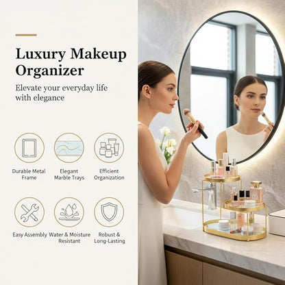 MLVOC Makeup Organizer Countertop, 3 Tiers Skincare Organizer with Gold Finish, Durable Metal Storage for Bathroom or Bedroom Vanity, Tall Spacious Design for Large Bottles