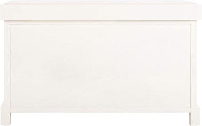 SAFAVIEH Home Collection – Freddy Vintage White Storage Bench with Wicker Baskets & Cushion, Entryway Seating Bench, Fully Assembled (AMH5736D)