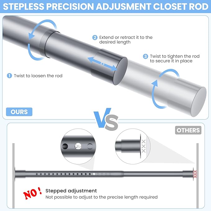 Closet Rods for Hanging Clothes, 17 to 28 Inches No-Cut Stepless Adjustable Closet Rod, 1.3 Inches Expandable Metal Heavy Duty Closet Hanging Rod for Closet Wardrobe Bathroom Laundry RV, Silver
