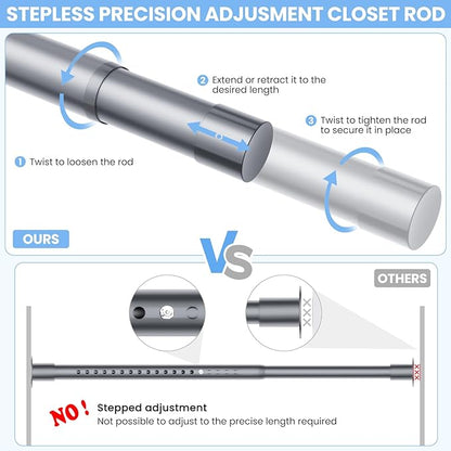 Closet Rods for Hanging Clothes, 17 to 28 Inches No-Cut Stepless Adjustable Closet Rod, 1.3 Inches Expandable Metal Heavy Duty Closet Hanging Rod for Closet Wardrobe Bathroom Laundry RV, Silver